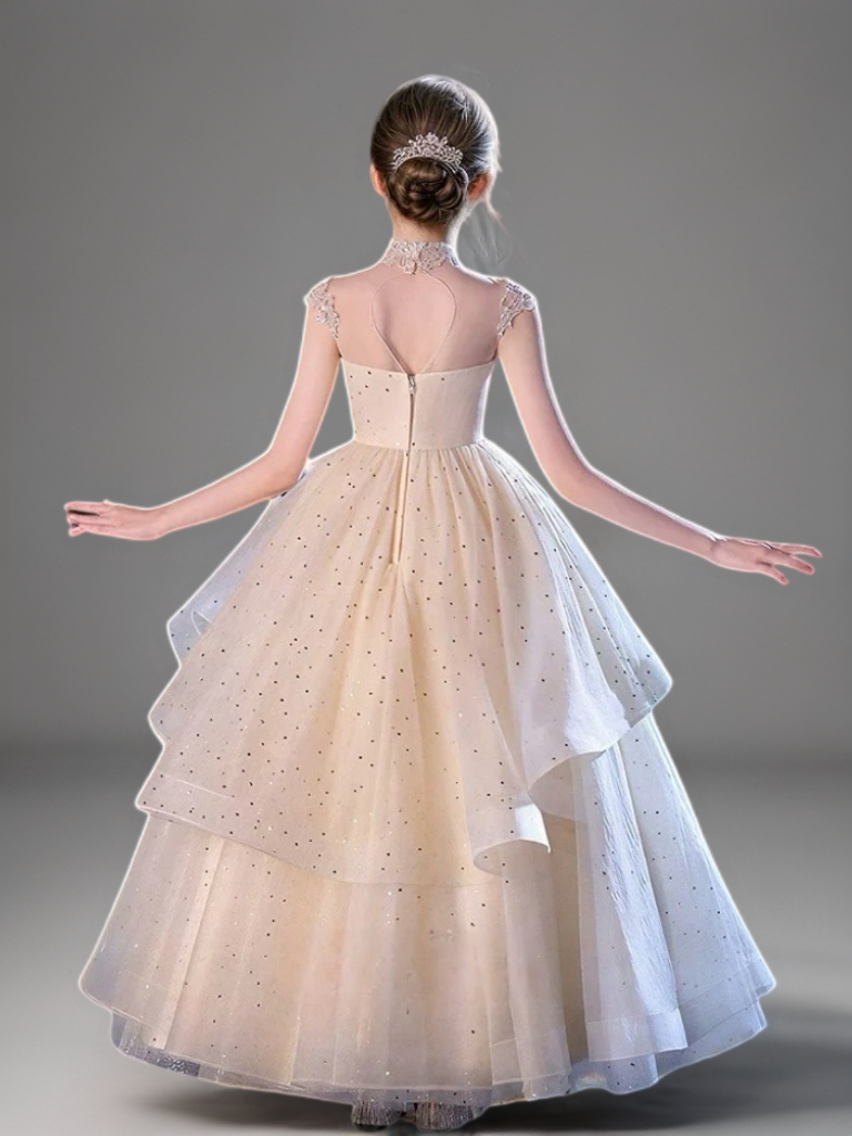 Champagne Layered Tulle Flower Girl Dress with Beaded Bodice – Elegant Sparkly Flower Girl Dress Plus Size