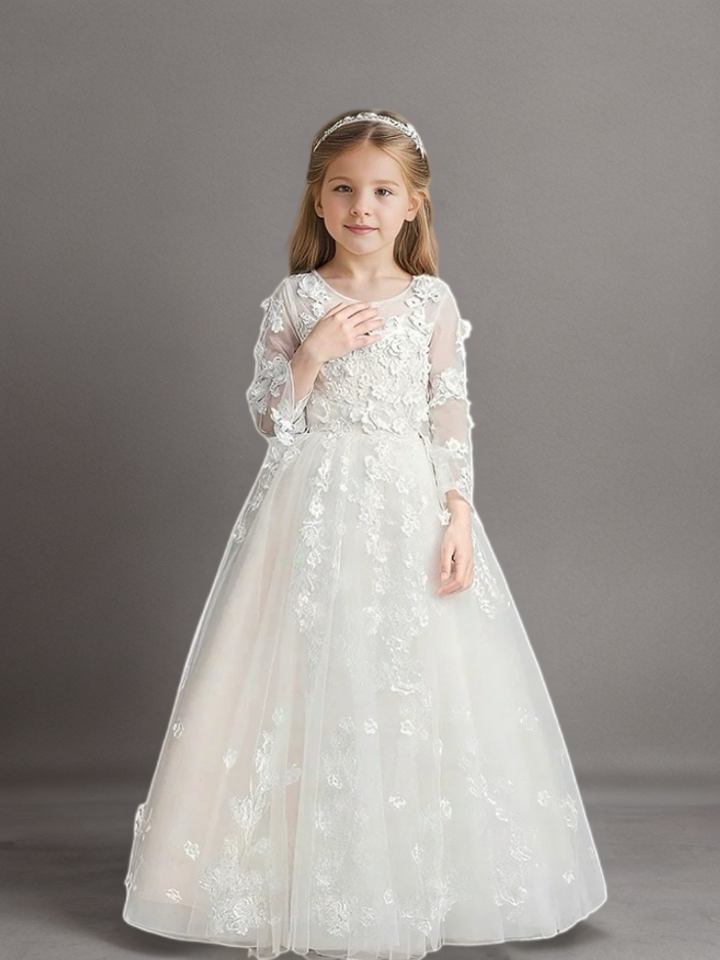 White Long Sleeve Lace Flower Girl Dress with Train – Special Occasion Flower Girl Dress Plus Size