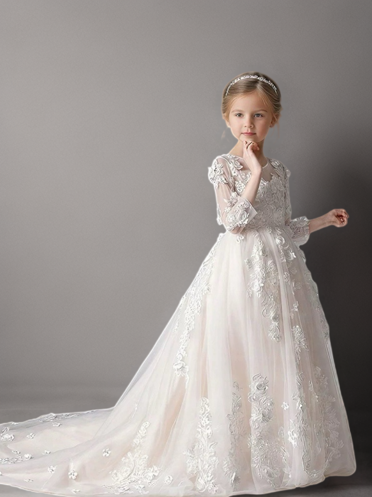 White Long Sleeve Lace Flower Girl Dress with Train – Special Occasion Flower Girl Dress Plus Size