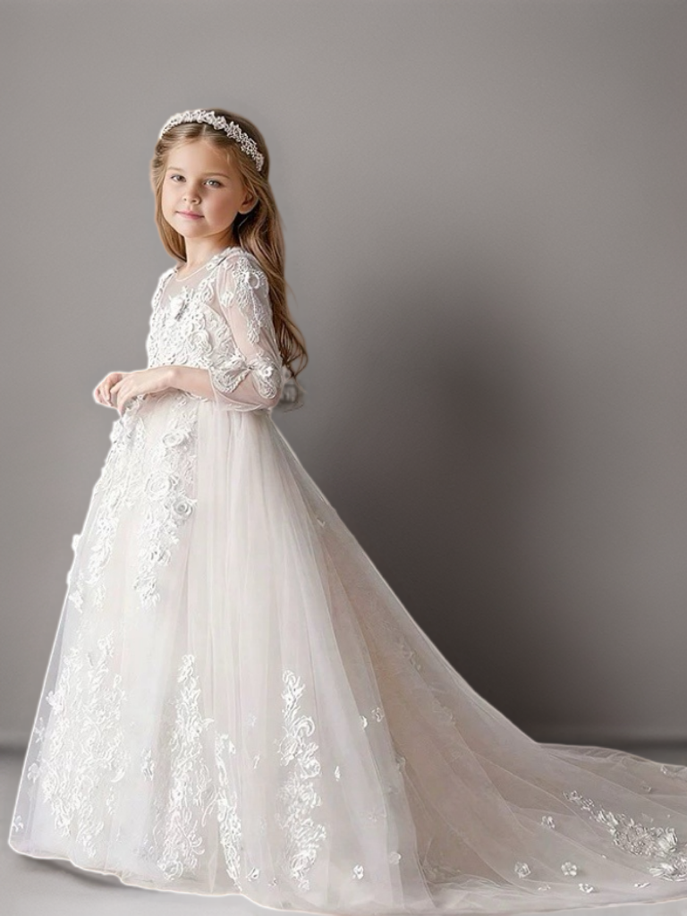 White Long Sleeve Lace Flower Girl Dress with Train – Special Occasion Flower Girl Dress Plus Size