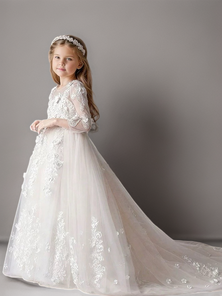 White Long Sleeve Lace Flower Girl Dress with Train – Special Occasion Flower Girl Dress Plus Size