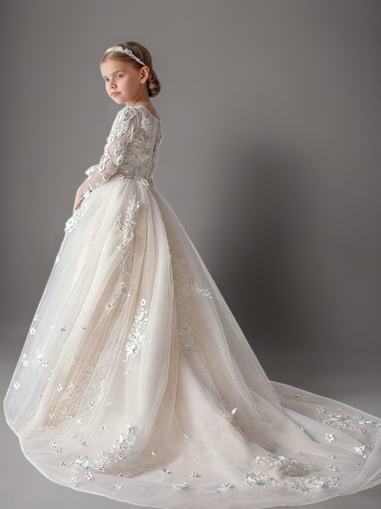 White Long Sleeve Lace Flower Girl Dress with Train – Special Occasion Flower Girl Dress Plus Size