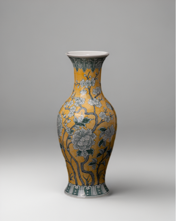 Antique European Imported Handmade Yellow Porcelain Vase with Hand-Painted Floral Motifs