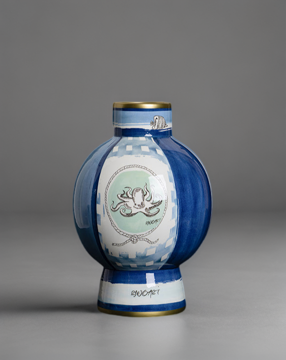 Antique Italian Blue and White Porcelain Vase Inspired by Richard Ginori with Hand-Painted Gilded Maritime Motifs