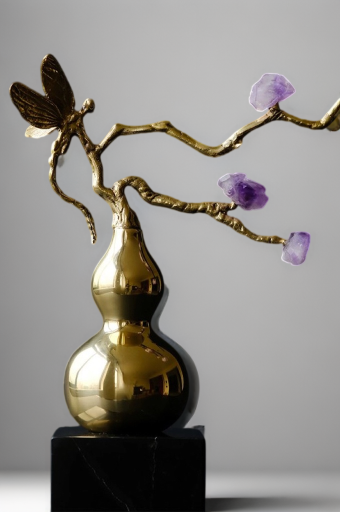 Oriental Handcrafted Golden Decorative Gourds with Amethyst Branch and Dragonfly Accent