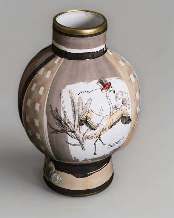 Vintage-Inspired Oriental Italian Light Cocoa Porcelain Vase with Hand-Painted Motifs