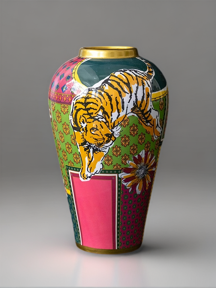 Baroque Inspired Italy Hand-Painted Porcelain Vase in Vibrant Colors with Gilded Accents Featuring Tiger Artwork