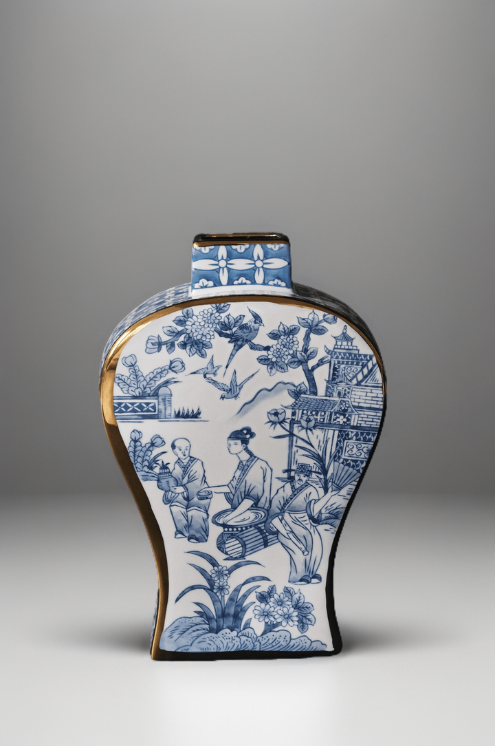 French Imported Oriental Hand-Painted Blue and White Porcelain Vases with Gilded Accents