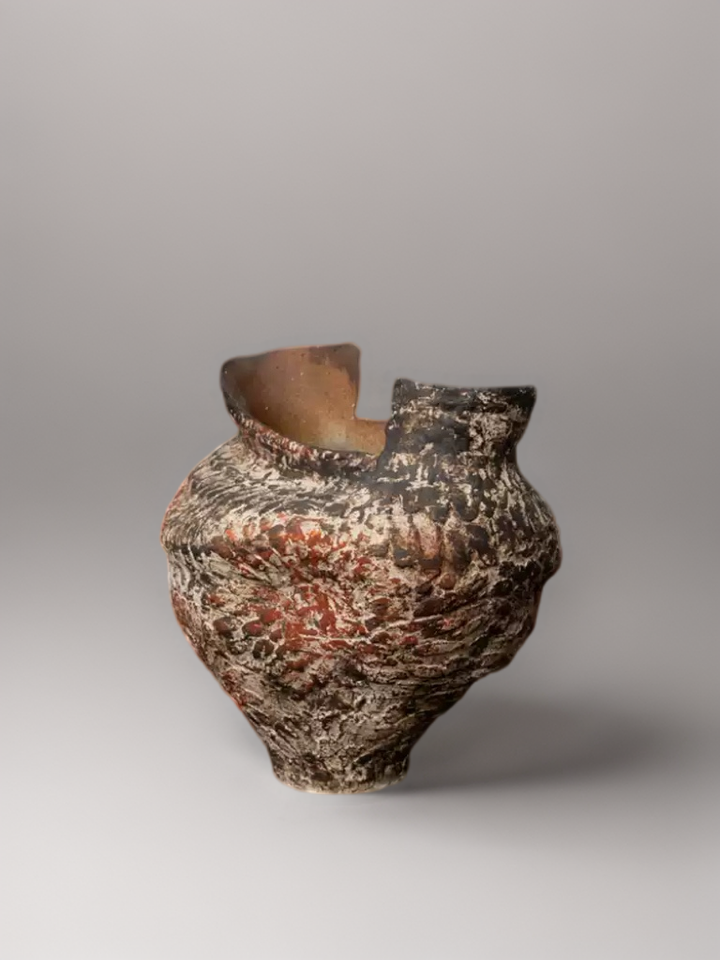 Antique Moroccan Handmade Brown Rustic Ceramic Vase with Rock Texture and Sand Conch Style Decorative Pottery Piece