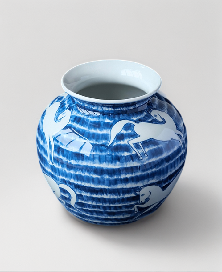 Oriental Handmdae Grisaille Blue and White Porcelain Jar with Hand-Painted White Horse Motif