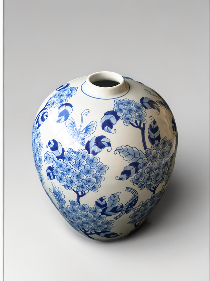 Oriental Handcrafted Large Blue and White Porcelain Vase Hand Painted in Grisaille Under Glaze