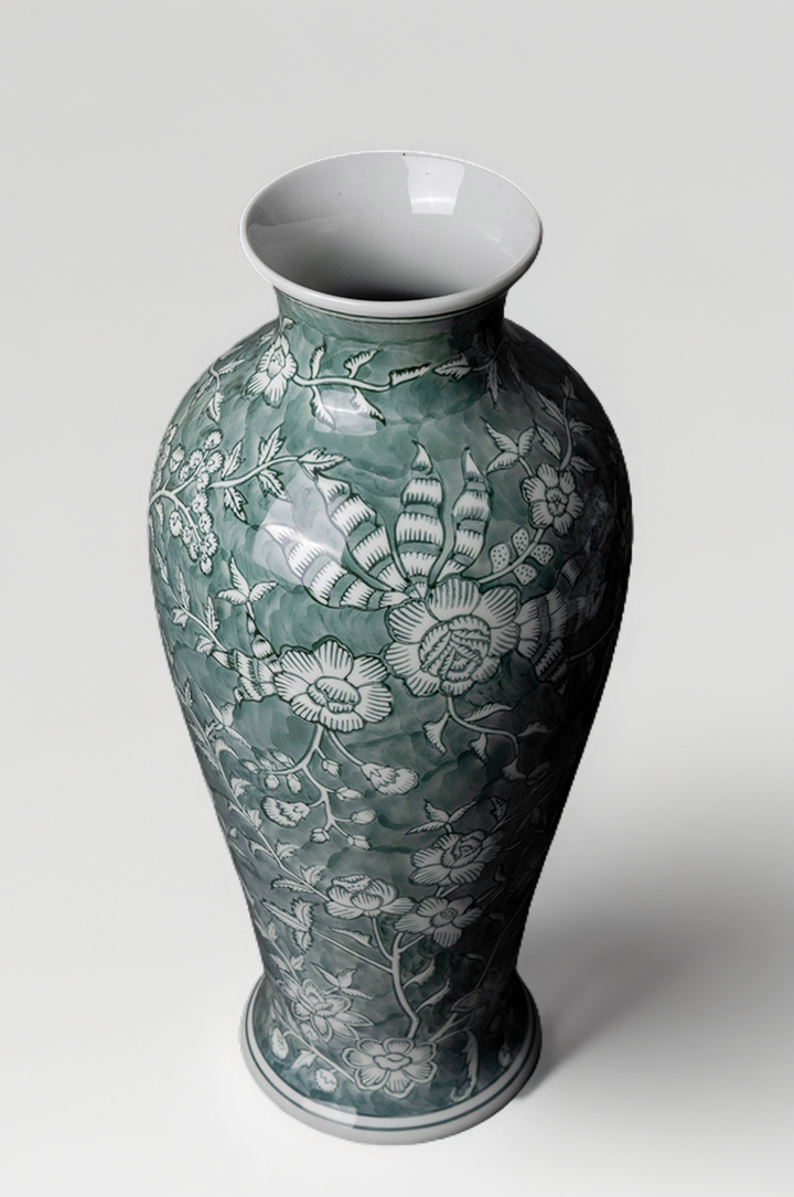 Oriental Celadon Green Grisaille Handmade Porcelain Vase with Twin Branch Motif