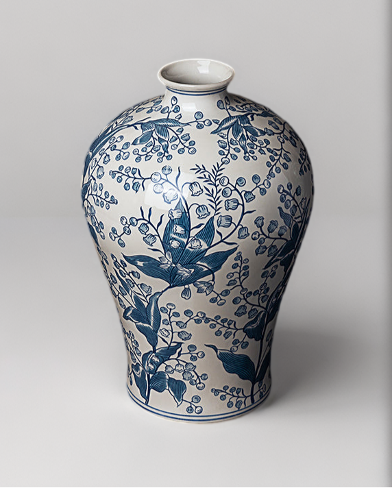 Oriental Light Blue Handcrafted Porcelain Vase and Entrance Decor with Lily of the Valley Motif
