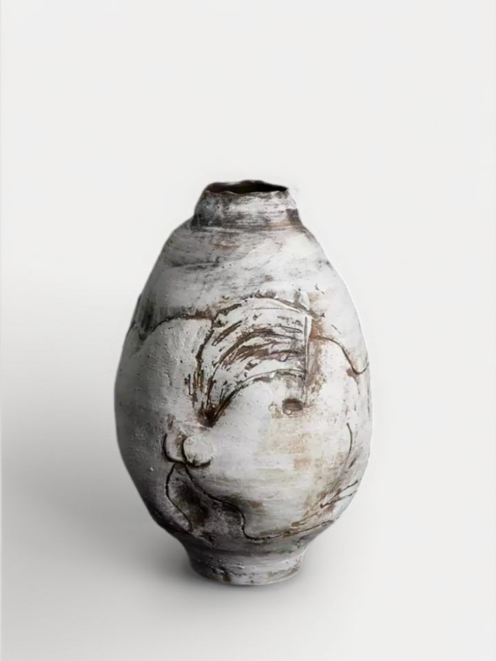 Vintage-Inspired Danish Import Handcrafted Relief Ceramic Vase in Rustic Lava White