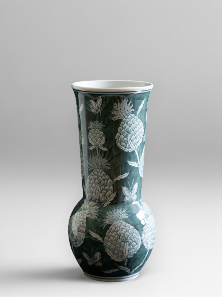 Oriental Celadon Green Hand-Painted Porcelain Vase with Pinecone and Butterfly Motif