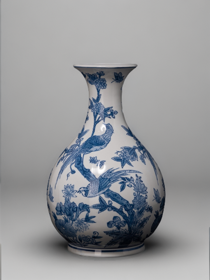 Mandarin Handmade Blue and White Porcelain Vases with Hand Painted Phoenix and Floral Design