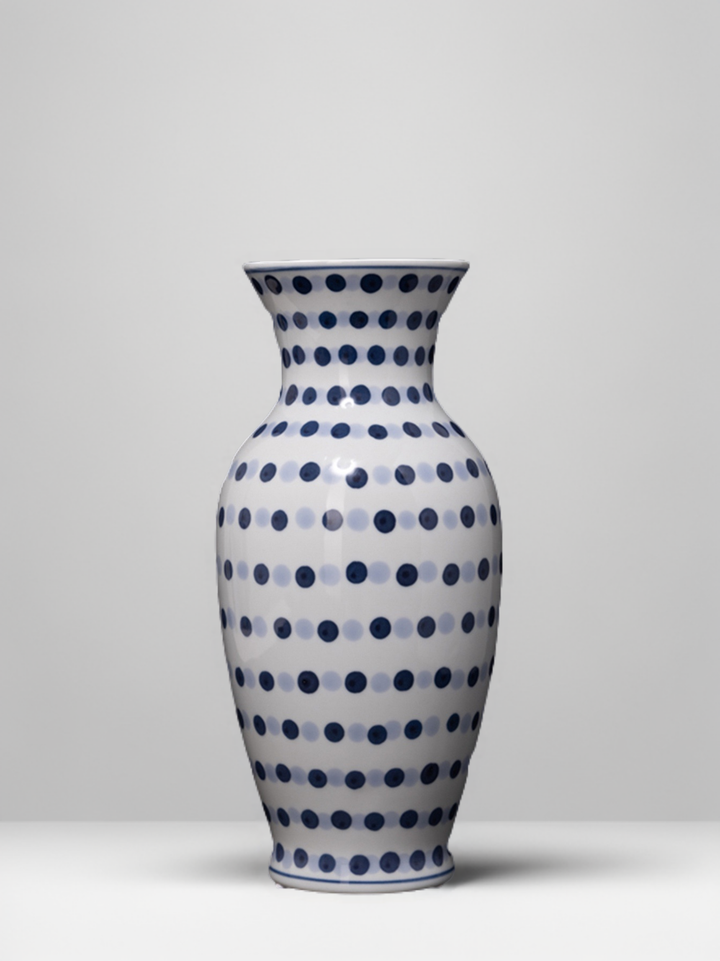 Vintage-Inspired Artistical Handcrafted Blue and White Porcelain Vase Set with Hand Painted Polka Dot