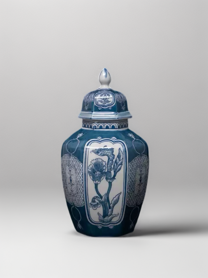 Antique Handmade Blue and White Porcelain Vase with Hand Painted Floral and Pomegranate Design