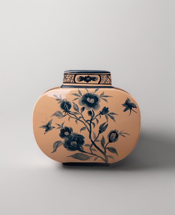 Antique Italian Porcelain Vase with Hand Painted Blue Floral Design in Spring Pink