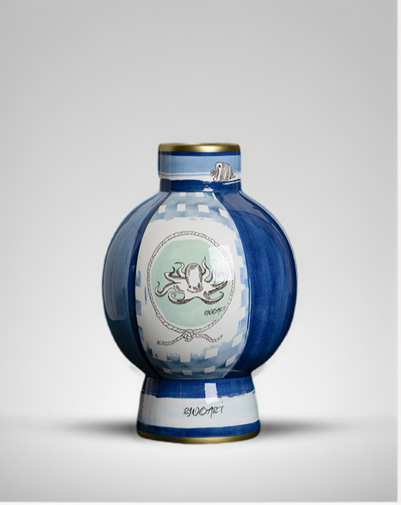 Antique Italian Blue and White Porcelain Vase Inspired by Richard Ginori with Hand-Painted Gilded Maritime Motifs