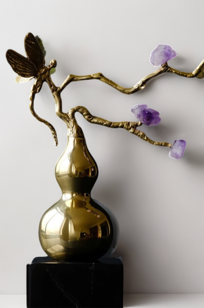 Oriental Handcrafted Golden Decorative Gourds with Amethyst Branch and Dragonfly Accent