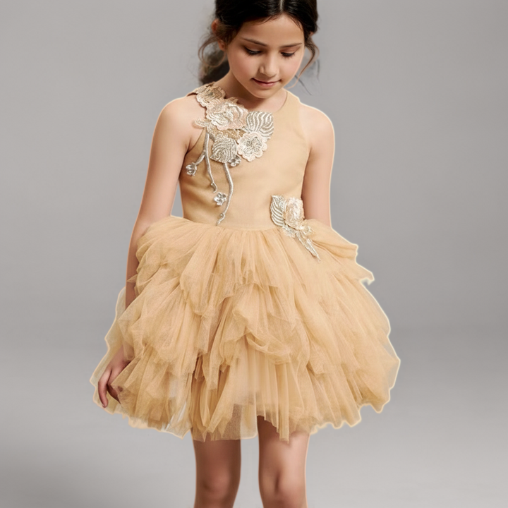 Golden Tulle Flower Girl Dress with 3D Floral Appliqué – Special Occasion Flower Girl Dress with Cape Plus Size