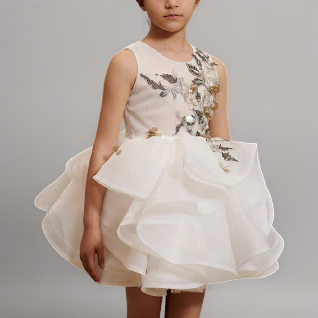 White Tulle Flower Girl Dress with 3D Floral Embroidery – Special Occasion Flower Girl Dress Plus Size