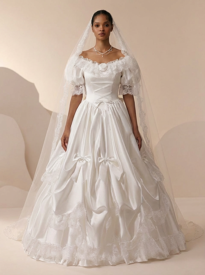Satin Wedding Dress with Lace and Puff Sleeves – Vintage Wedding Gown with Corset and Large Back Bow Plus Size