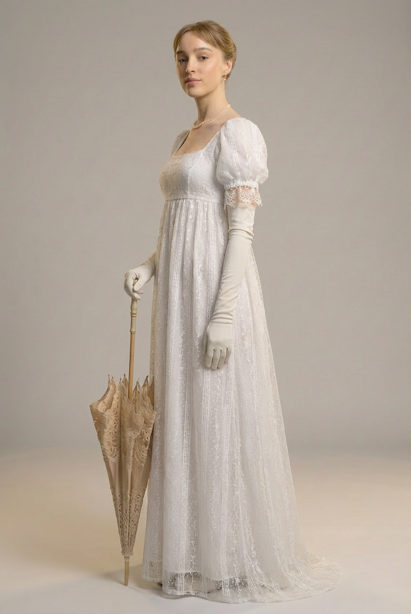 Romantic Regency Era White Lace Wedding Dress - Empire Waist Ball Gown Plus Size US16 / White Romantic Regency Era White Lace Wedding Dress - Empire Waist Ball Gown Plus Size US16 / White