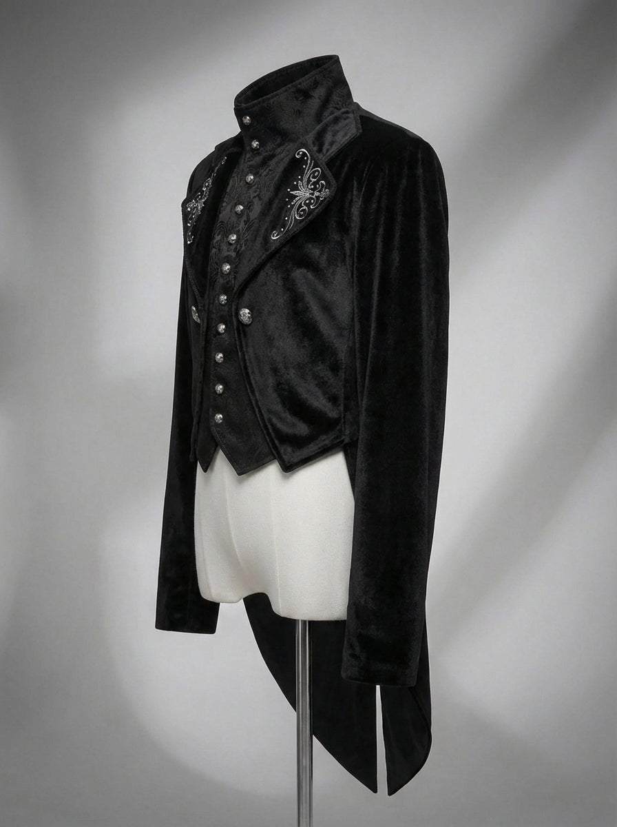 Victorian Long-Tailed Tuxedo Two Piece - Embroidered High Collar Velvet Suit For Men -Plus Size