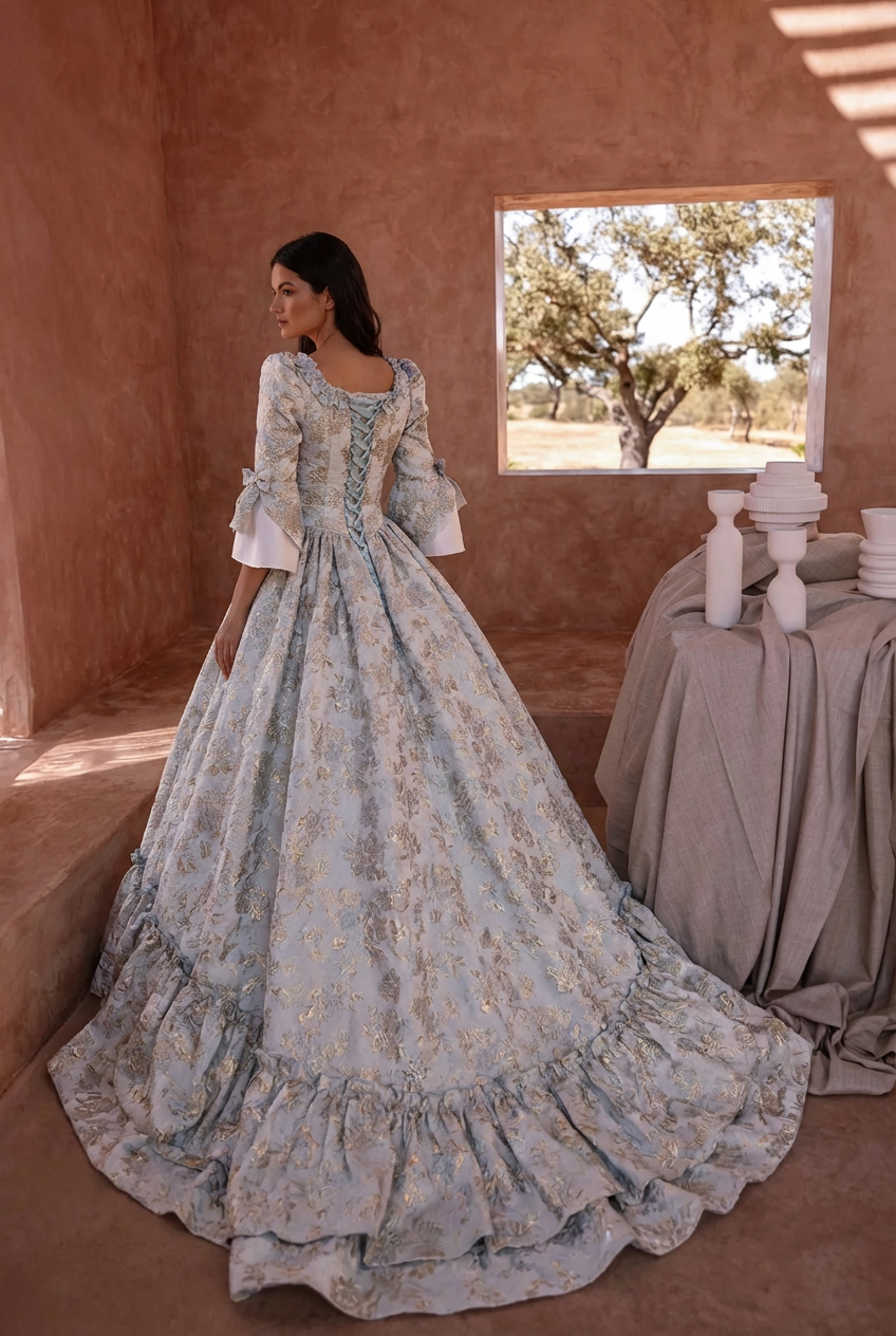 Vintage Inspired Rococo Pale Blue Brocade Dress - 18 Century Gown