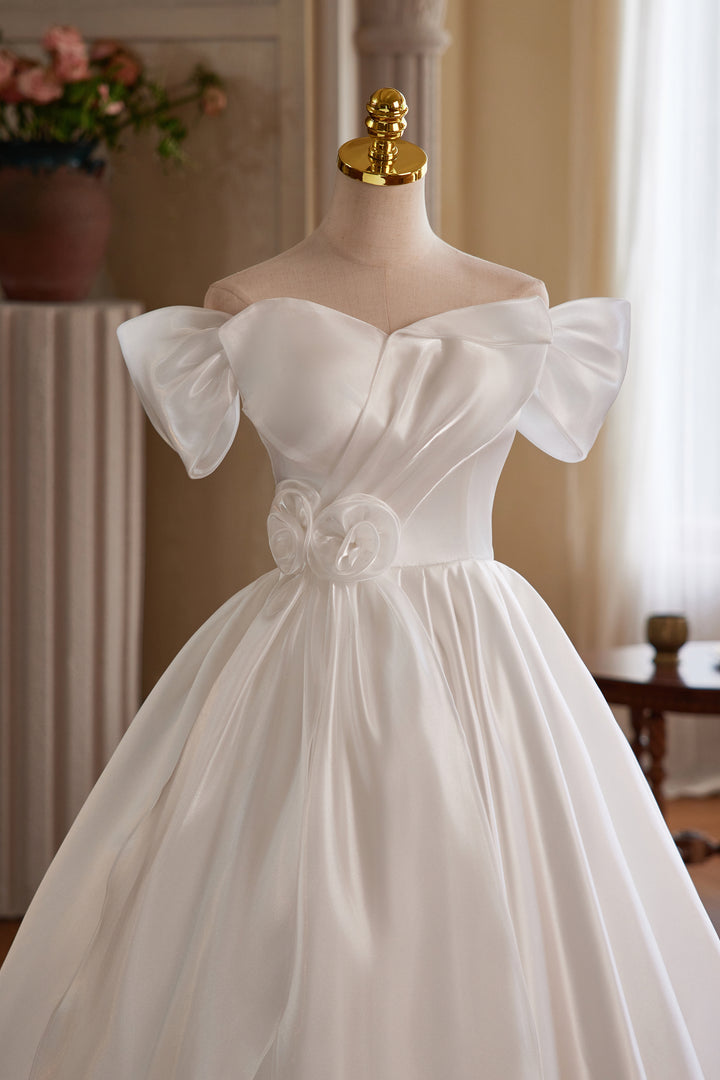 White Off the Shoulder Wedding Dress with Puff Sleeves – Simple Satin Wedding Dress with Floral Detail Plus Size