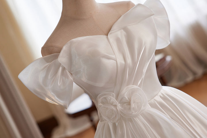 White Off the Shoulder Wedding Dress with Puff Sleeves – Simple Satin Wedding Dress with Floral Detail Plus Size