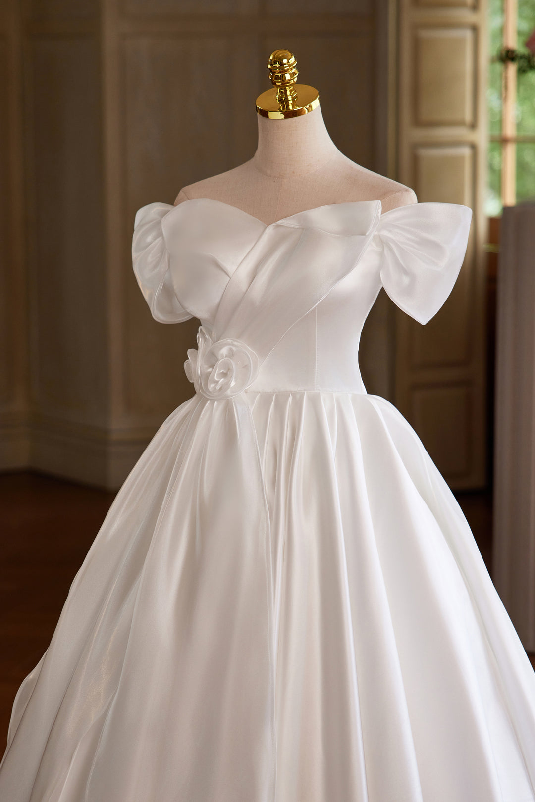 White Off the Shoulder Wedding Dress with Puff Sleeves – Simple Satin Wedding Dress with Floral Detail Plus Size