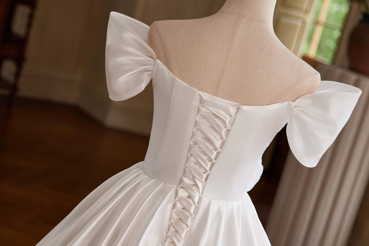 White Off the Shoulder Wedding Dress with Puff Sleeves – Simple Satin Wedding Dress with Floral Detail Plus Size