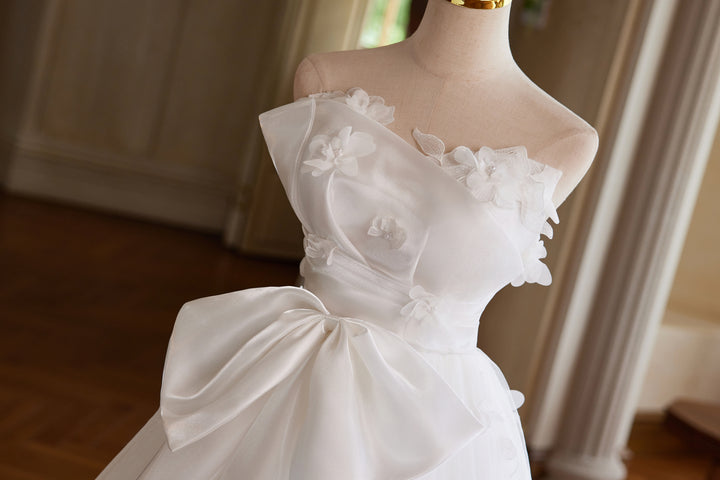 White Floral Wedding Dress with Bow – Ball Gown Wedding Dresses Princess with Strapless - Fairytale Wedding Dress Plus Size