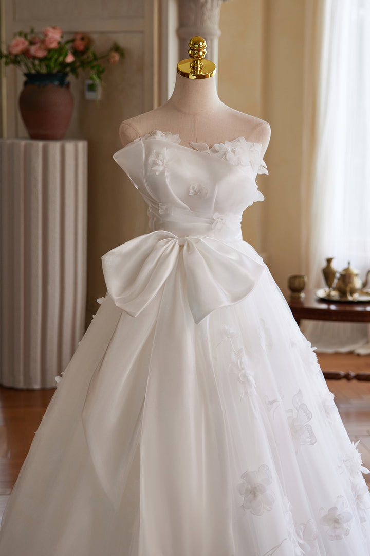 White Floral Wedding Dress with Bow – Ball Gown Wedding Dresses Princess with Strapless - Fairytale Wedding Dress Plus Size