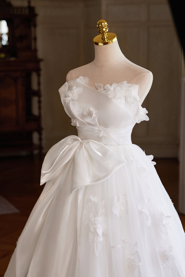 White Floral Wedding Dress with Bow – Ball Gown Wedding Dresses Princess with Strapless - Fairytale Wedding Dress Plus Size