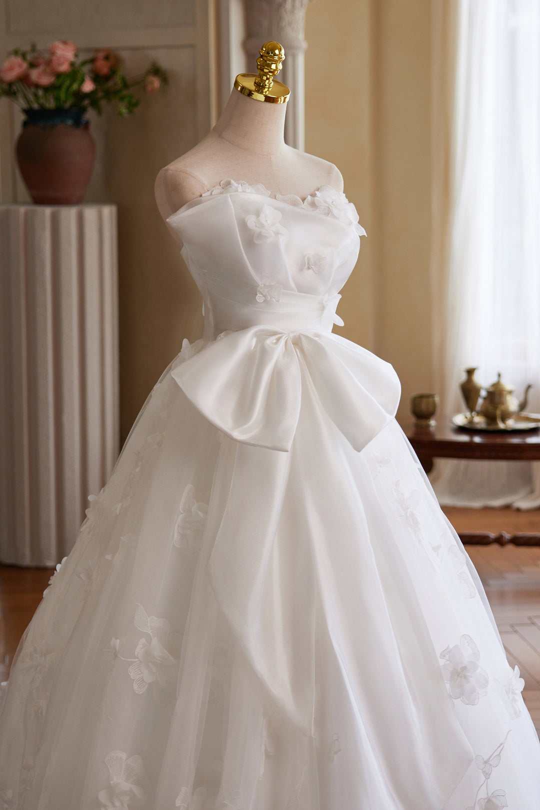 White Floral Wedding Dress with Bow – Ball Gown Wedding Dresses Princess with Strapless - Fairytale Wedding Dress Plus Size