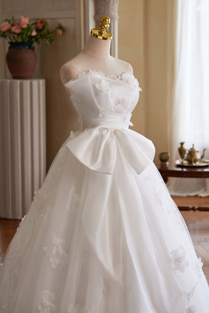 White Floral Wedding Dress with Bow – Ball Gown Wedding Dresses Princess with Strapless - Fairytale Wedding Dress Plus Size