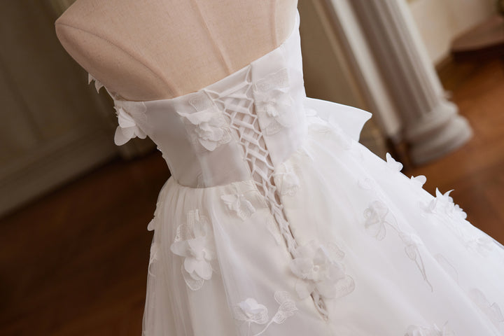 White Floral Wedding Dress with Bow – Ball Gown Wedding Dresses Princess with Strapless - Fairytale Wedding Dress Plus Size