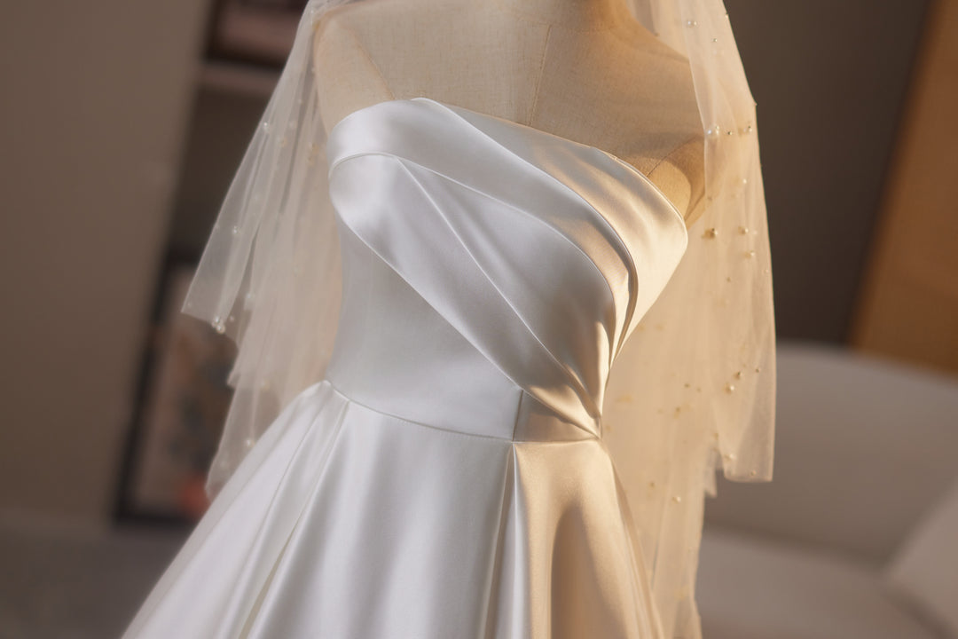 Simple Satin Strapless Wedding Dress – Classic Wedding Dress - A-Line Satin Wedding Gown Plus Size