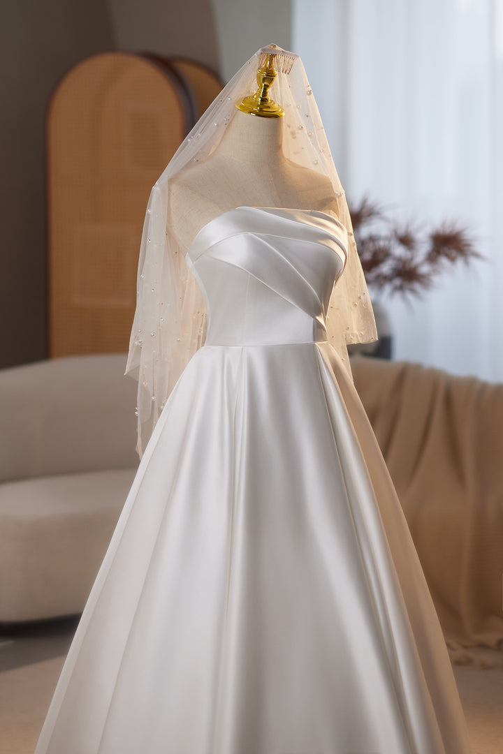 Simple Satin Strapless Wedding Dress – Classic Wedding Dress - A-Line Satin Wedding Gown Plus Size