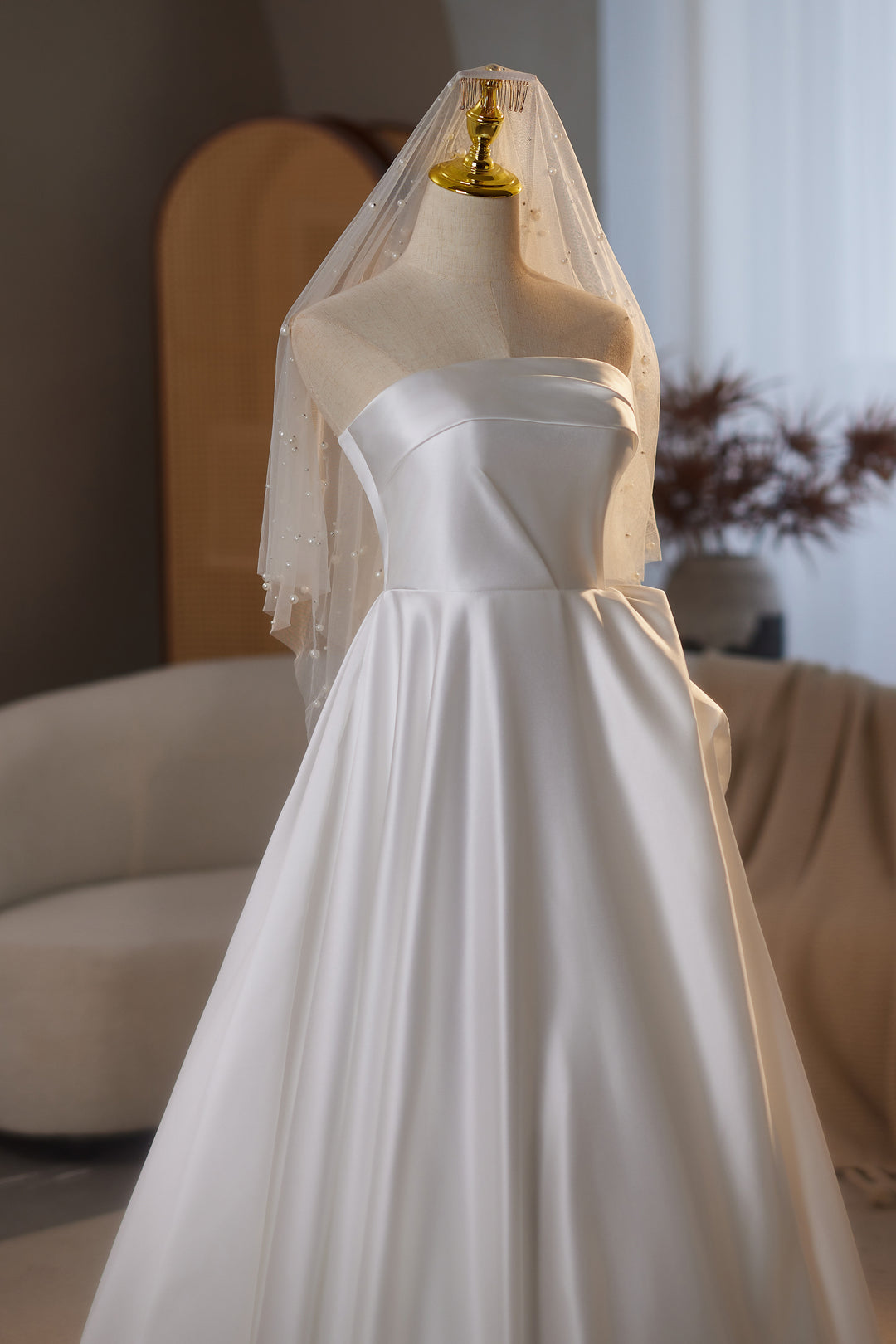 Strapless Satin Wedding Dress with Fold Over Neckline – Simple Satin Wedding Dress with Corset Plus Size