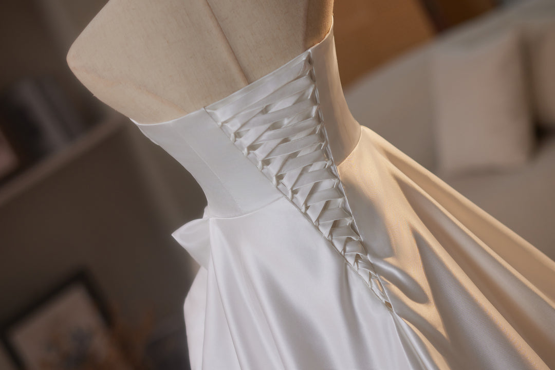 Strapless Satin Wedding Dress with Fold Over Neckline – Simple Satin Wedding Dress with Corset Plus Size