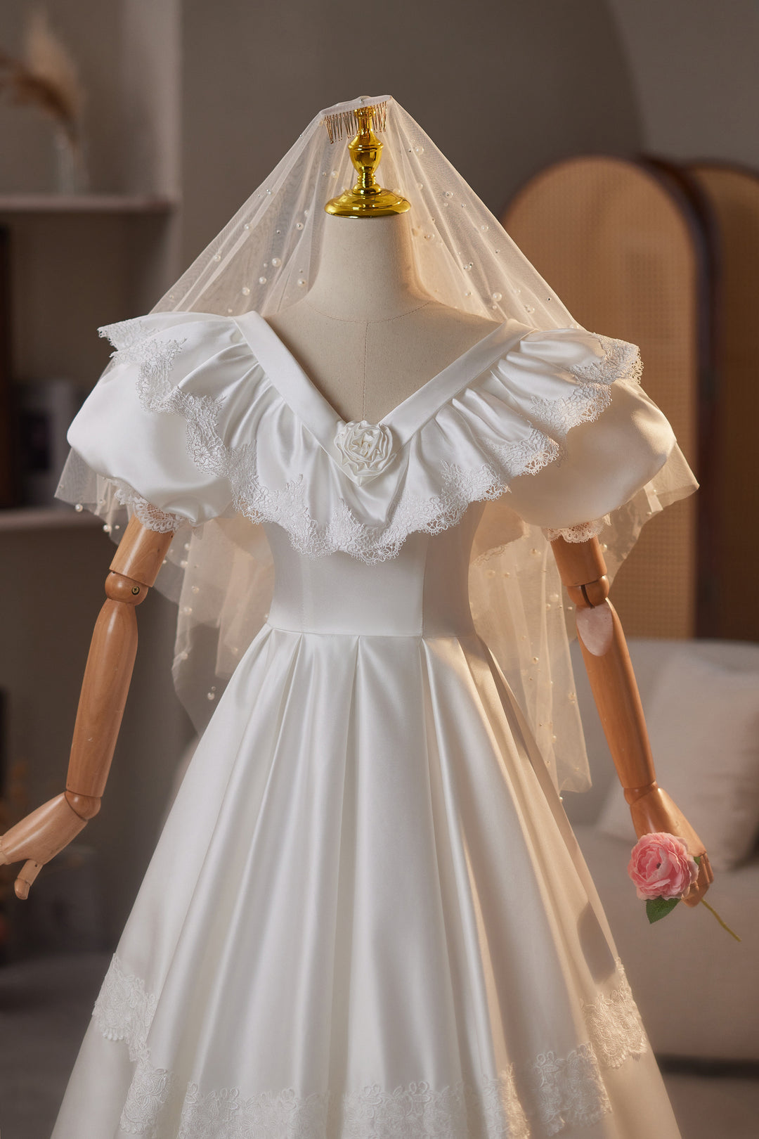 Retro Wedding Dress with Puff Sleeves – Simple Satin Wedding Dress with Ruffle Neckline Plus Size