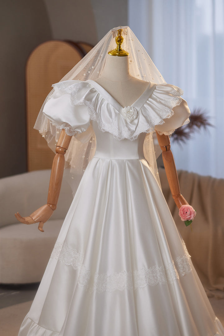 Retro Wedding Dress with Puff Sleeves – Simple Satin Wedding Dress with Ruffle Neckline Plus Size