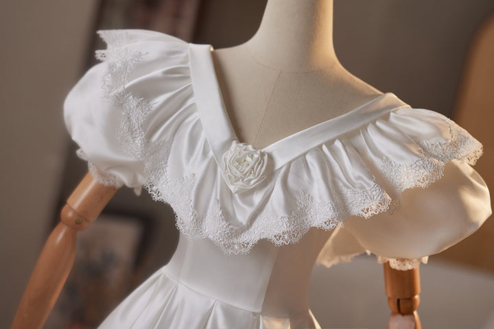 Retro Wedding Dress with Puff Sleeves – Simple Satin Wedding Dress with Ruffle Neckline Plus Size