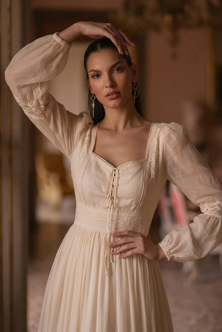 Gunne Sax Inspired Beige Chiffon Prom Dress - Modest Lace Tea Dress - French Style 1980s