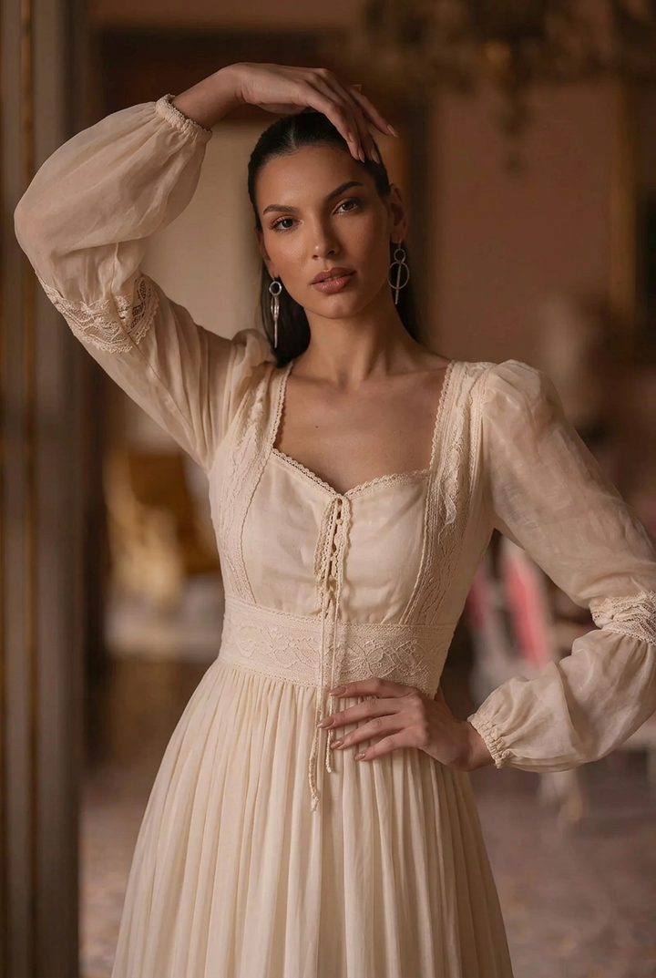 Gunne Sax Inspired Beige Chiffon Prom Dress - Modest Lace Tea Dress - French Style 1980s